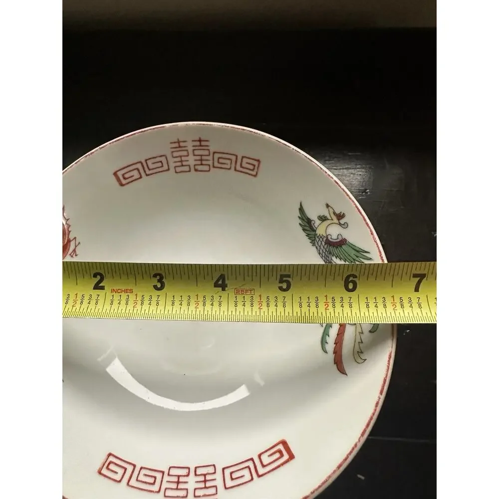 Vtg Chinese Porcelain Bowl Dragon Phoenix‎ Double Happiness Red Seal 435 Mark 7”